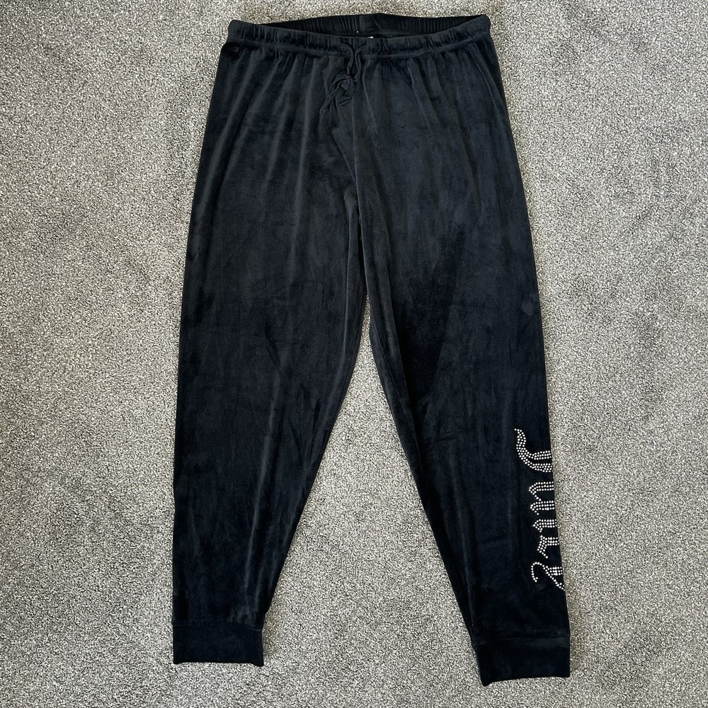 NWOT Juicy Couture Black Velour Rhinestone Logo Jogger Pants Women's LARGE Y2K